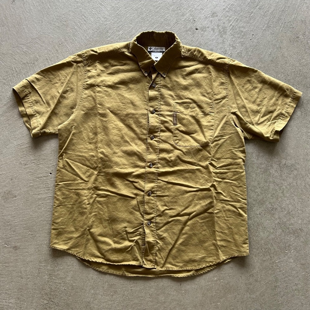 Vintage Columbia Short Sleeve Button Down Shirt Mens XL Olive Green Ramie Cotton